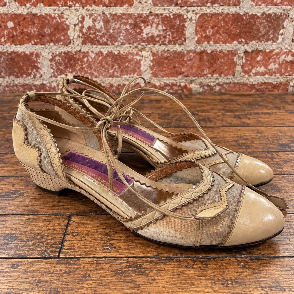 Susan Bennis Warren Edward Vintage Lace Up Mesh Kitten Heels Beige 8 Italy Boho
